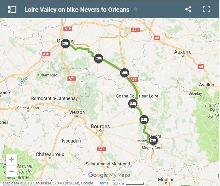 Map cycling route from Nevers to Orleans