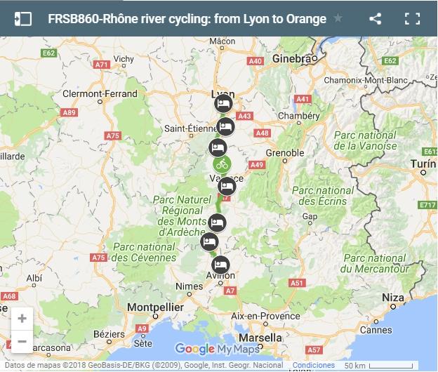Map cycling route Rhône river- from Lyon to Orange 