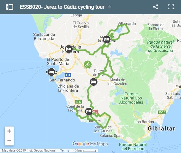 Map cycling route Jerez to Cádiz
