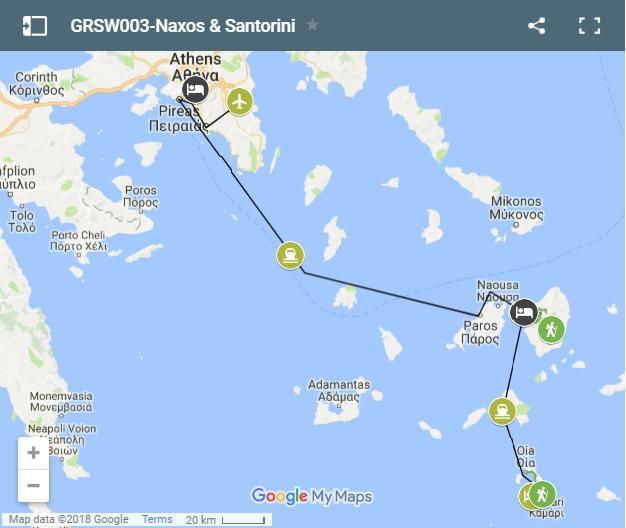 Map naxos and santorini walking routes