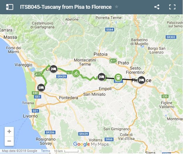 Map cycling route from Pisa to Florence