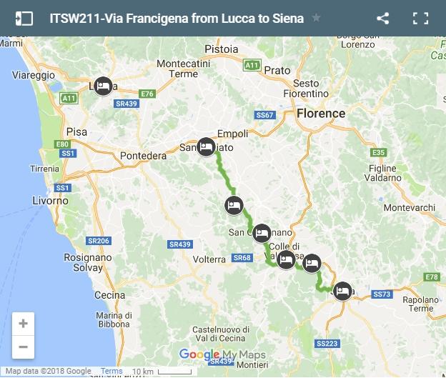 Map Via Francigena from Lucca to Siena