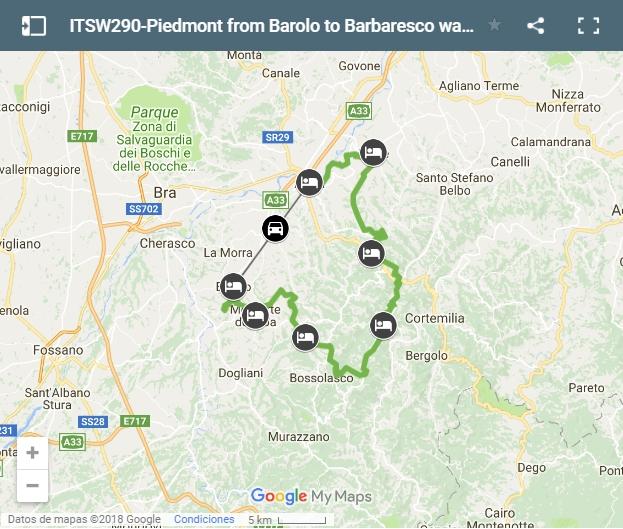 Map Piedmont from Barolo to Barbaresco walking tour